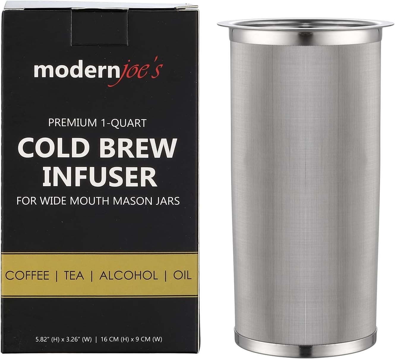 MODERNJOE'S Premium Infuser Cold Coffee Maker for 1 Quart Wide Mouth Mason Jars.Cold Brew Filter for Mason Jar.Perfect for Ice Coffee and Tea. 50 Micron EXTRA Fine Mesh 304 Stainless Steel