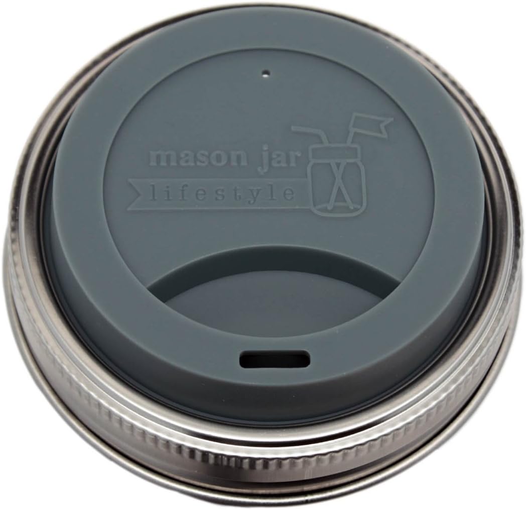 Silicone Drinking Lids with Rust Proof Stainless Steel Bands by Mason Jar Lifestyle (2 Pack, Charcoal Gray, Wide Mouth)