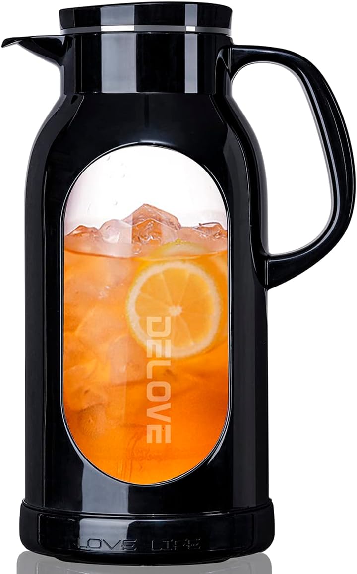 Delove 68 oz/2 Liter Glass Pitcher with Shatterproof Shell - Heat Resistant Glass Liner - Stainless Steel Lid - Carafe & Jug for Iced Tea,Hot/Cold Water,Homemade Juice Beverages (Black)