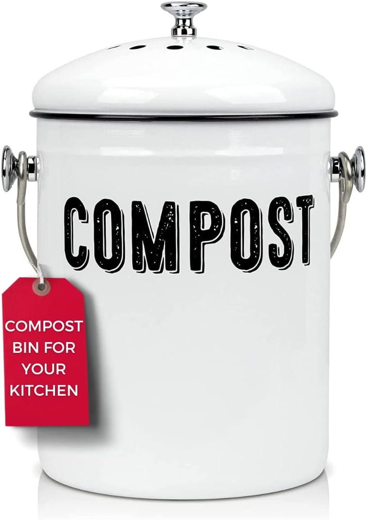 Granrosi Kitchen Compost Bin Countertop, Indoor Compost Bin with Lid, 100% Rust Proof Compost Bucket w/Non-Smell Charcoal Filters, 1.3 Gallon - White