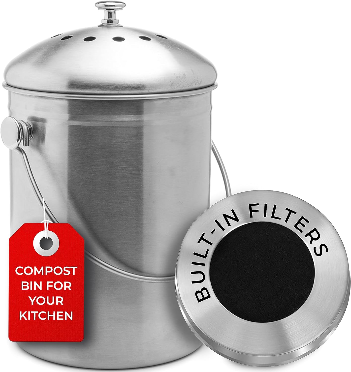 EPICA Countertop Compost Bin Kitchen | 1.3 Gallon | Odorless Composting Bin with Carbon Filters | Indoor Compost Bin with Lid | Stainless Steel Kitchen Composter for Food Scraps & Waste Recycling