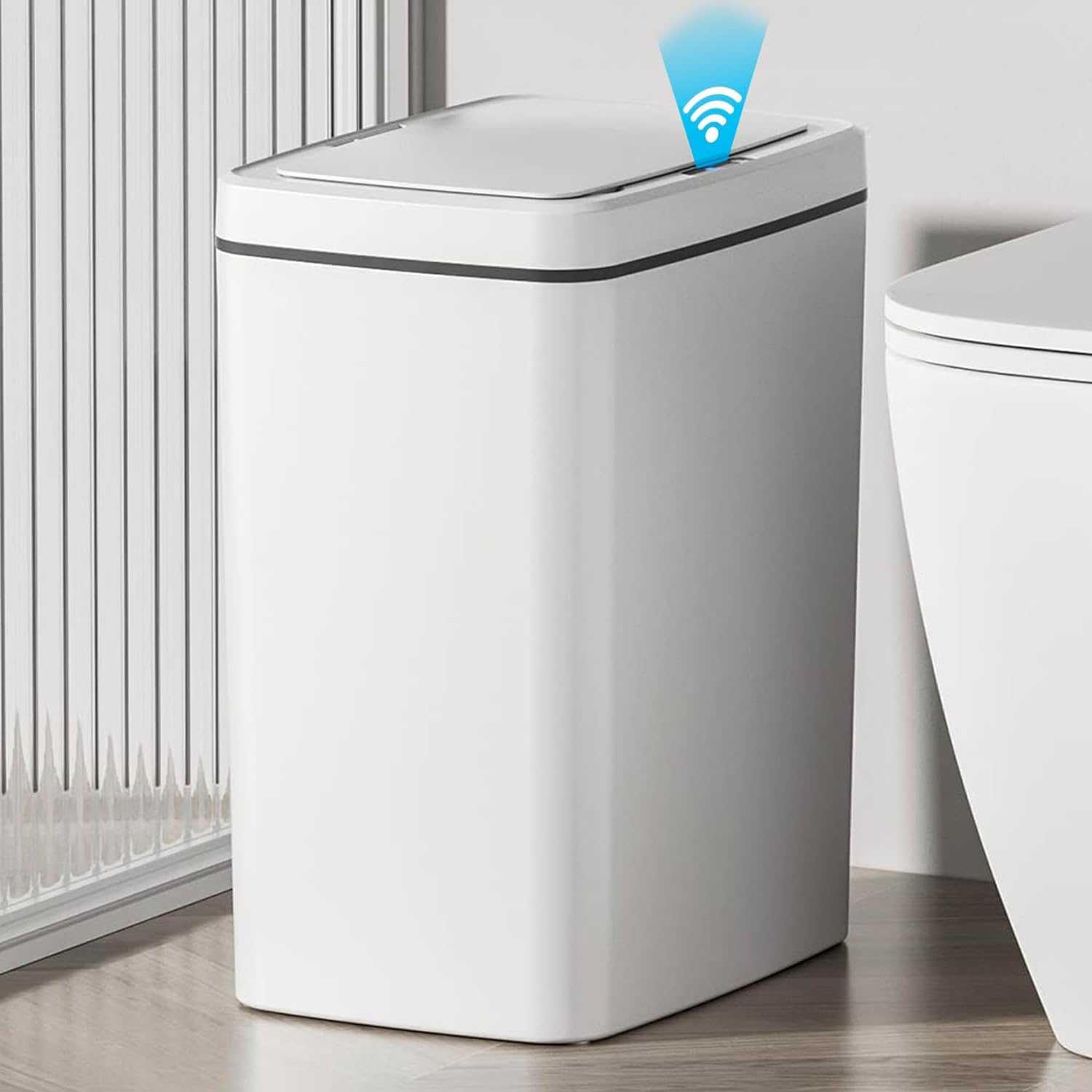 Automatic, Smart Trash Can 3.2 Gallon with Touchless Motion Sensor and Anti - Bag Slip Lid, Use as Mini Garbage Basket, Slim Dust Bin, or Decor in Bathroom, Restroom, Kitchen (Shiny White)