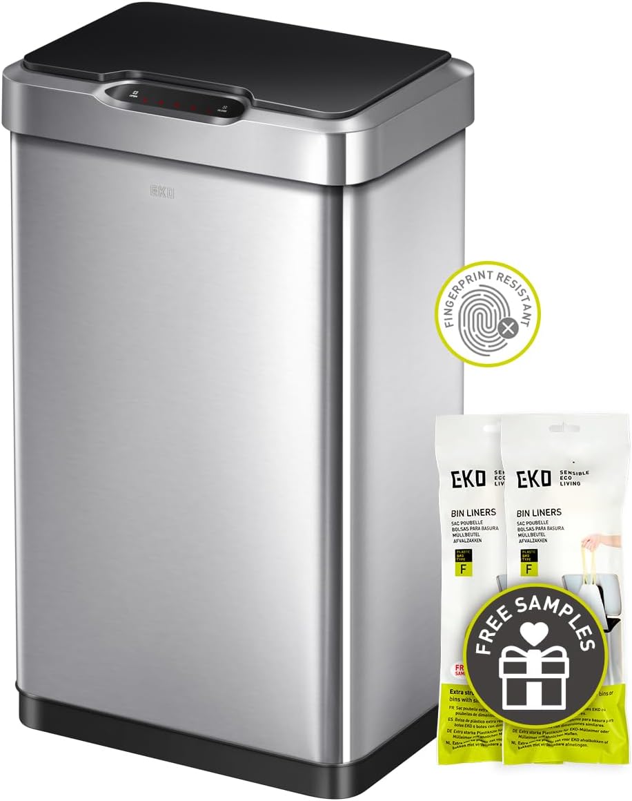 EKO Mirage-T 50 Liter / 13.2 Gallon Touchless Rectangular Motion Sensor Trash Can, Brushed Stainless Steel Finish