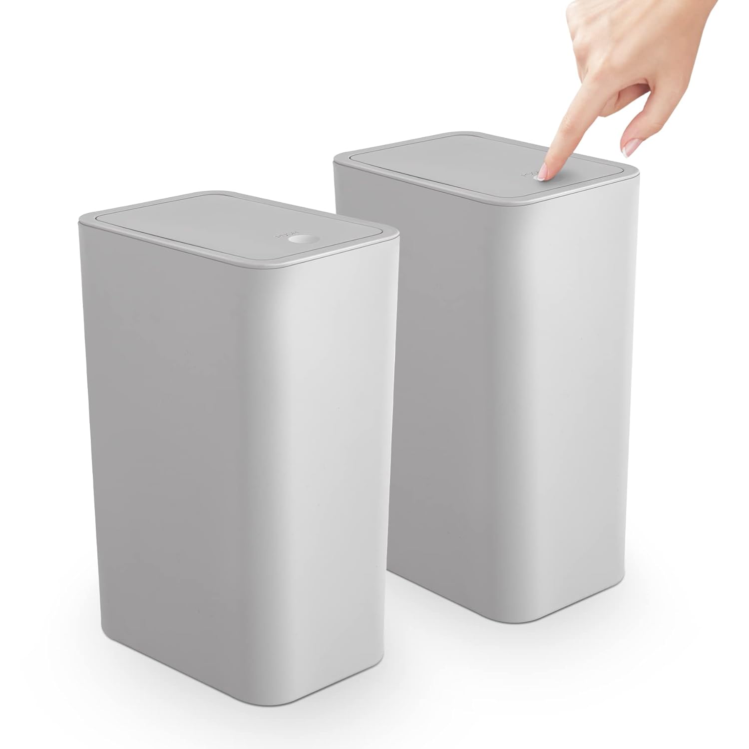 2 Pack Bathroom Trash Can with Lid, 2.6 Gallon / 10 Liter Small Garbage Can with Press Top Lid, Plastic Wastebasket with Pop-up Lid for Toilet, Office, Bedroom, Living Room, Grey