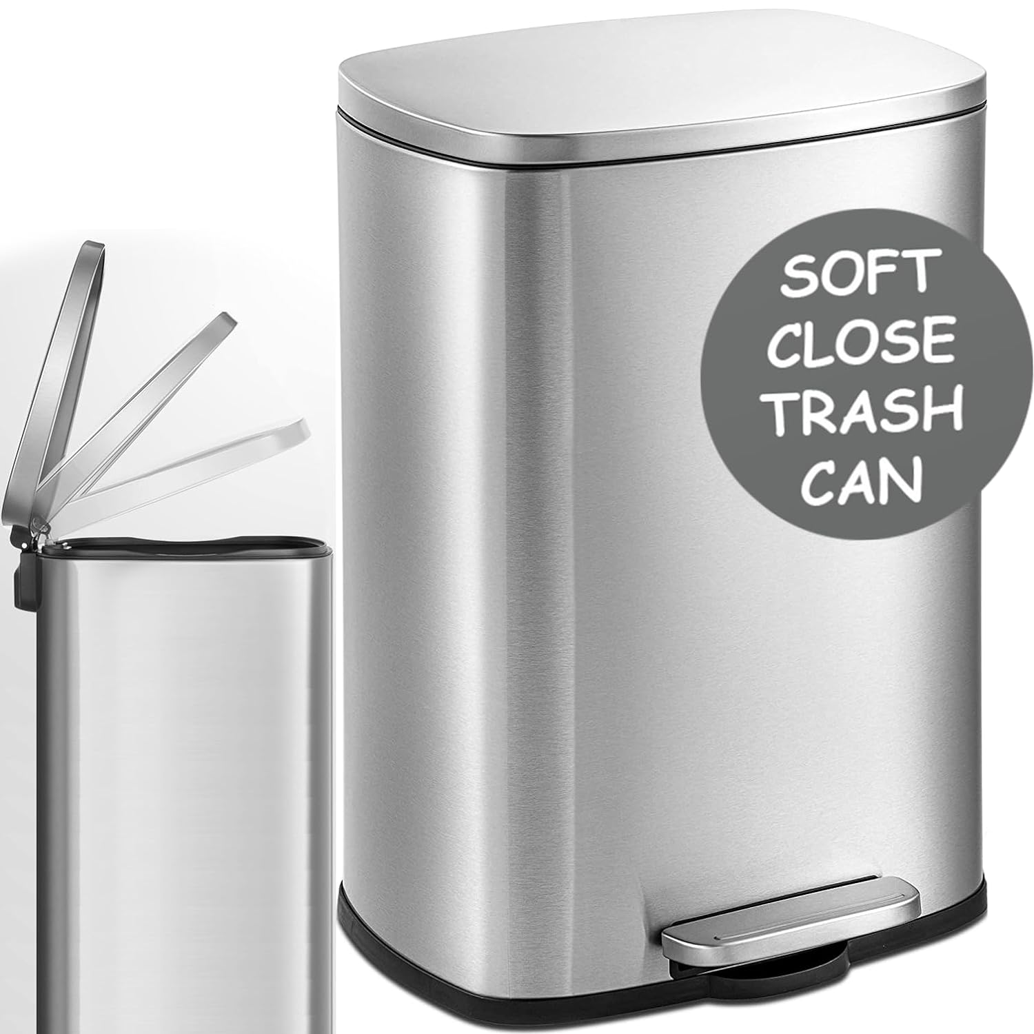 13 Gallon Kitchen Trash Can Soft Close with Anti - Bag Slip Liner and Lid, Use as Garbage Basket, Tall Dust Bin, or Decor in Bathroom, Restroom, Kitchen, or Bedroom (Brushed Stainless Steel)