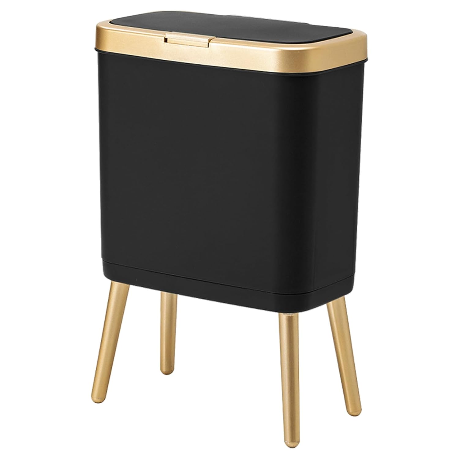 Office Trash Can with Lid, Black Bathroom Trash Can with Gold Edge, Modern Narrow Garbage Can with Legs, Slim Plastic Trash Bin for Bedroom, Living Room,Kitchen,Toilet, 4 Gallon