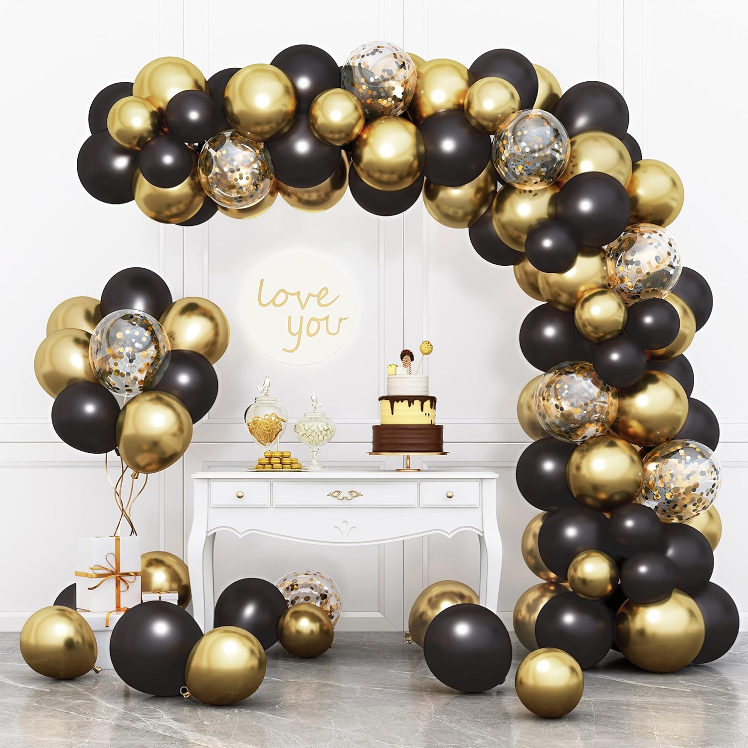 RUBFAC Black and Gold Balloons Garland Arch KitNew Years Eve Party Balloons with Black Gold Confetti Balloons for Graduation Birthday Party Decorations