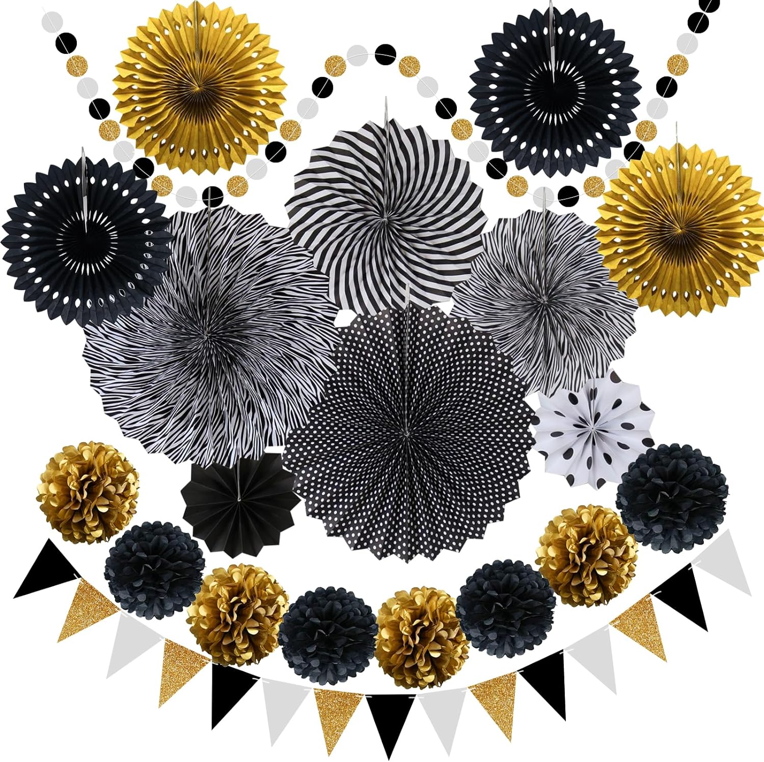 LRCXL Black Gold Party Decorations, 21Pcs Black and Gold Hanging Paper Fans, Pom Poms Flowers, Pennant, Garland String, Banner for Birthday Parties Wedding Dcor, Table & Wall Decorations