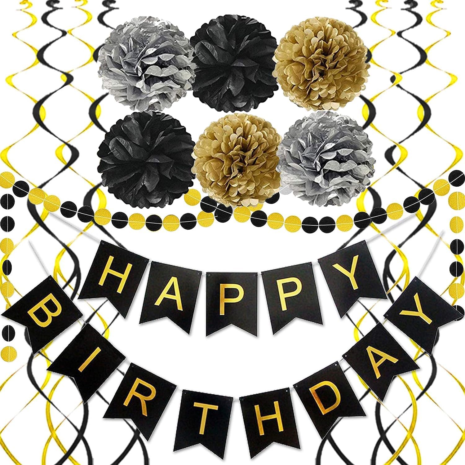 Black Gold Birthday Decorations, Happy Birthday Banner with Pom Poms Paper Triangle bunting Garland Swirl Streamers for Boys Men Party Supplies