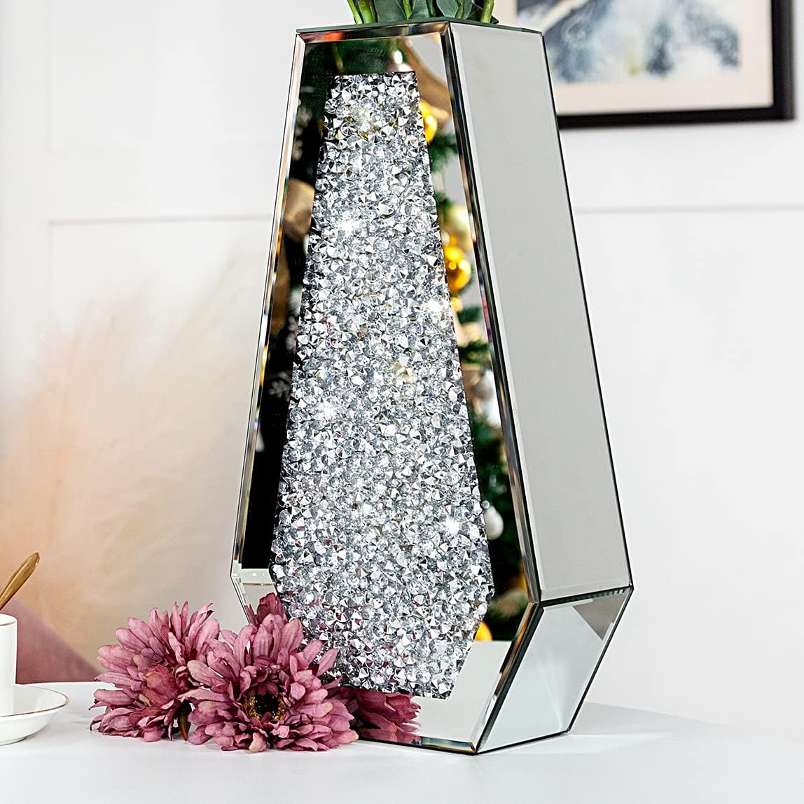 Crushed Diamond Mirrored Flower Vase Large Glass Vase Modern Crystal Decorative Mirror Vases Stunning Luxury Tall Floor Vase for Centerpieces Flowers Home Decor, Silver, 14 H. Cant Hold Water.