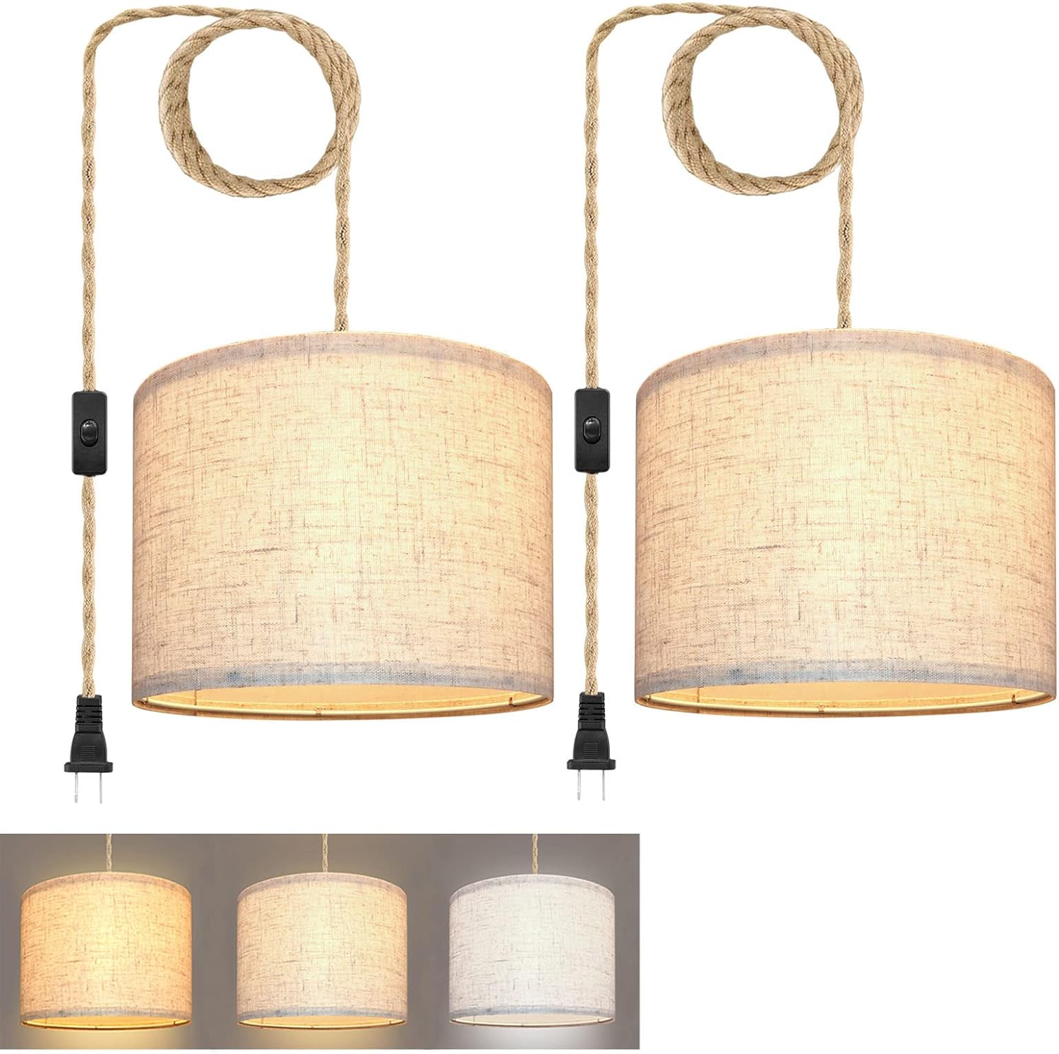 Plug in Pendant Light, Hanging Lights with Plug in Cord, Hanging Lamp with 15ft Hemp Rope, On/Off Switch, Beige Linen Shade, Hanging Light Fixture for Bedroom, Living Room, Dining Table 2 Pack