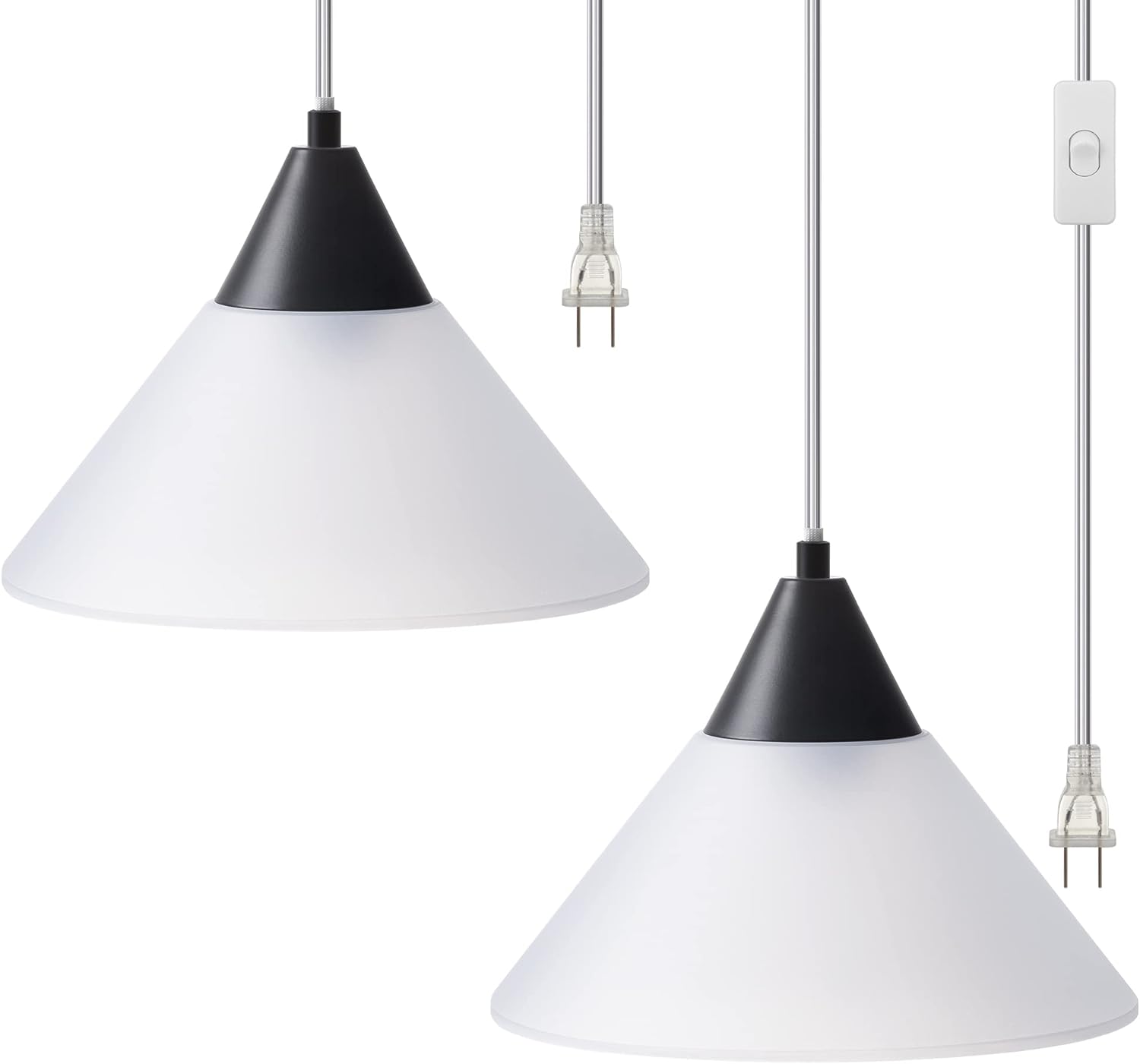 DEWENWILS Hanging Pendant Light Plug in, Hanging Light with Plug in Cord 15FT On/Off Switch, Pendant Light Fixture with Frosted White Shade, Hanging Lamp for Living Room Bedroom Dining Hall, 2 Pack