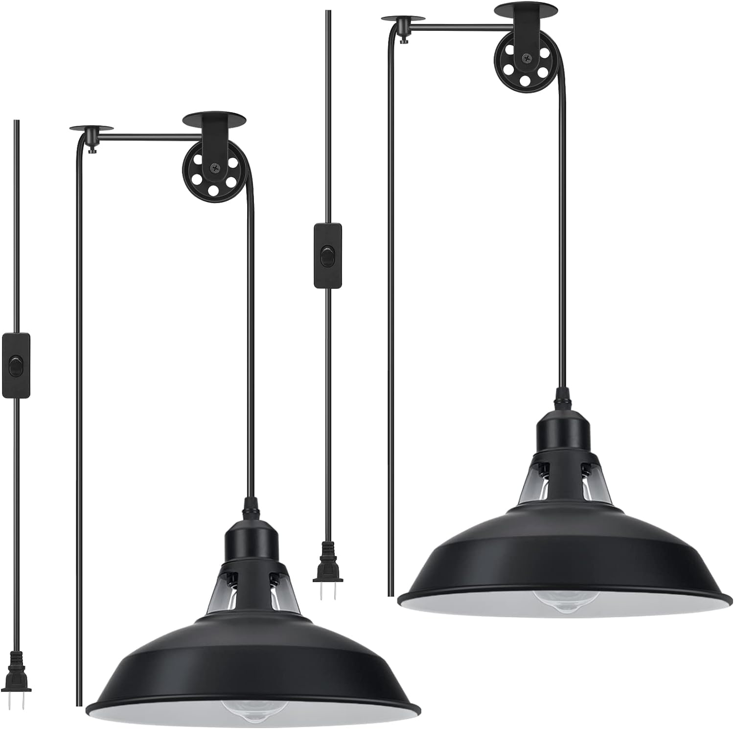 Plug in Pendant Light, Hanging Lamp with Black Barn Pendant Lighting with 14.76ft Cord On/Off Switch, Adjustable Pulley Wall Light Fixture Hanging Light for Kitchen Bedroom Restaurant 2 Pack