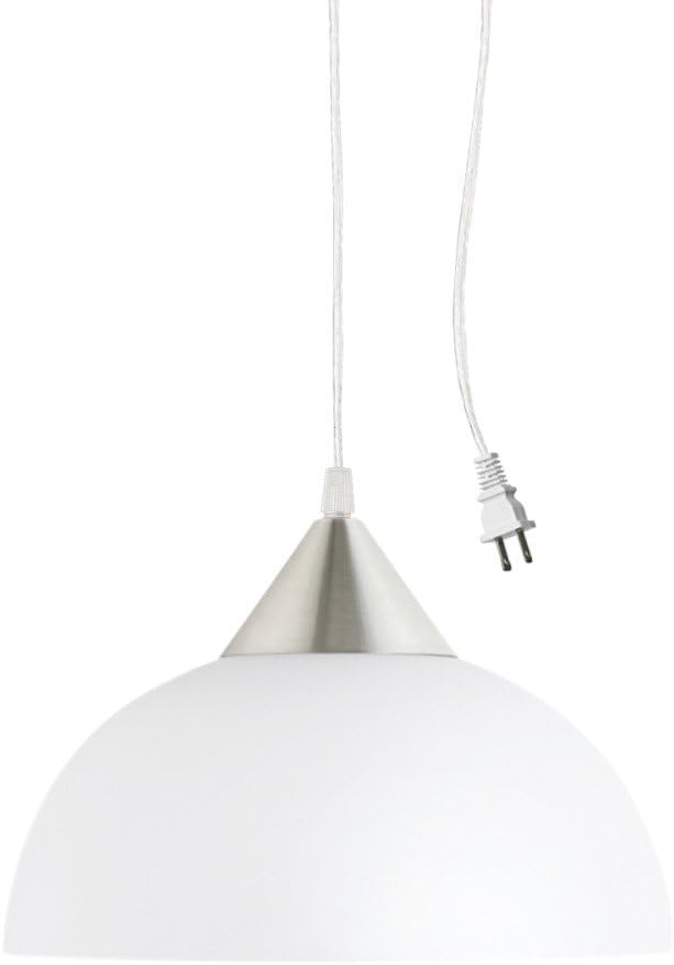 Globe Electric 64413 1-Light Plug-in Pendant, Brushed Steel, Frosted White Shade, 15ft Clear Cord, in-Line On/Off Switch, E26 Base Socket, Kitchen Island, Caf, Hanging Light, Bulb Not Included