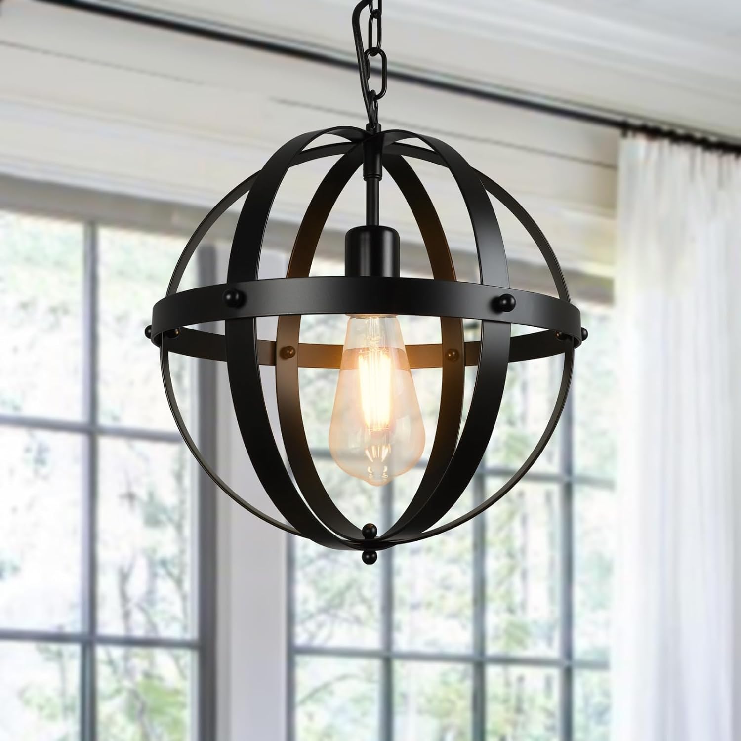 DLLT Vintage Globe Pendant Hanging Light, Matte Black, 1-Light, E26 Base, Ideal for Dining Room, Kitchen Island, Living Room, Home Office