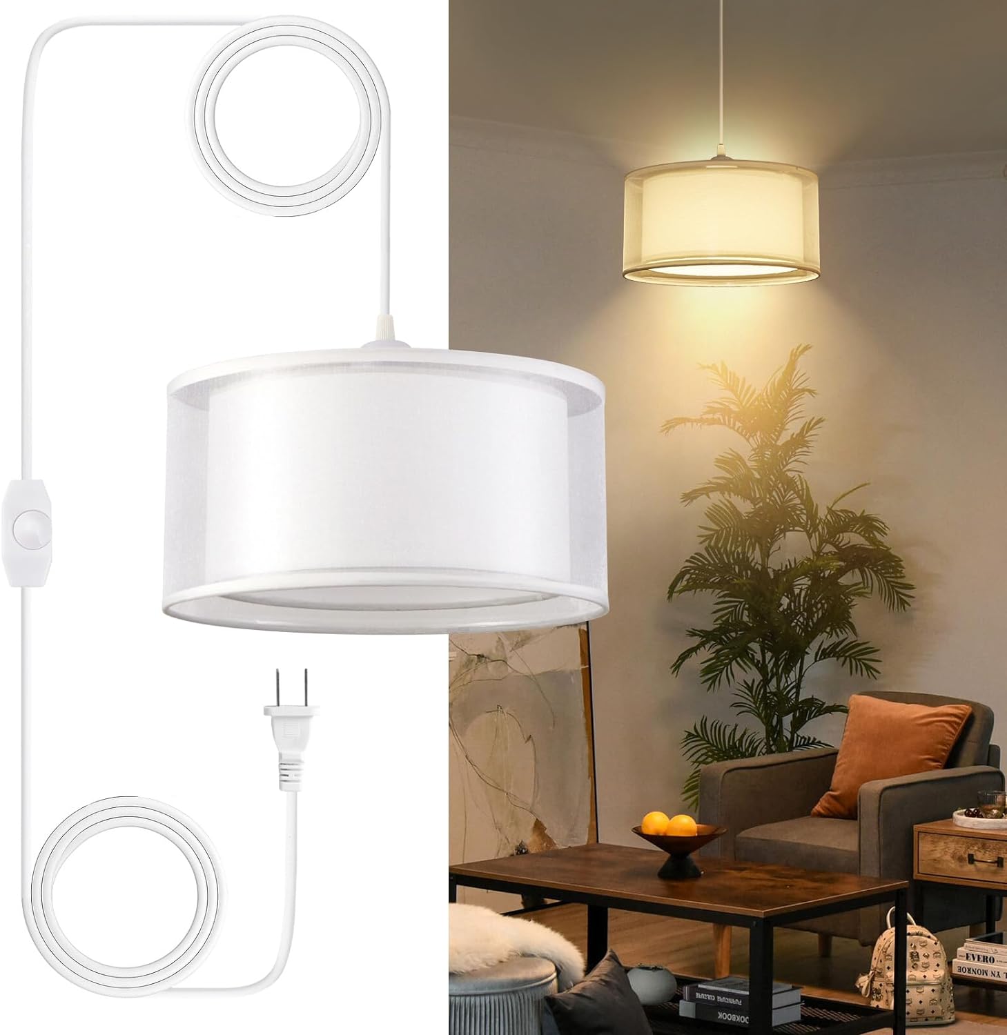 Plug in Pendant Light, Hanging Lights with Plug in Cord Dimmable, Hanging Lamp with 15ft Cord, Double Fabric Linen Shade Pendant Lighting, Plug in Ceiling Light Fixtures for Bedroom Hallway Foyer