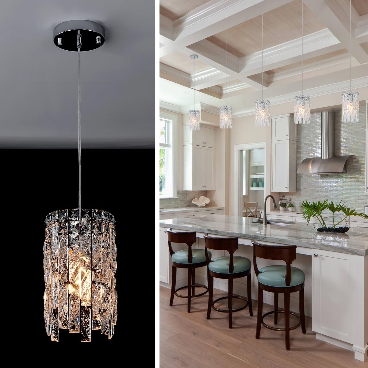 1-Light Kitchen Island Lighting Luxury 6.3in Mini Crystal Pendant Light for Dining Room Chrome Finish Modern Pendant Ceiling Light Fixture, E26 Base, Cord Adjustable