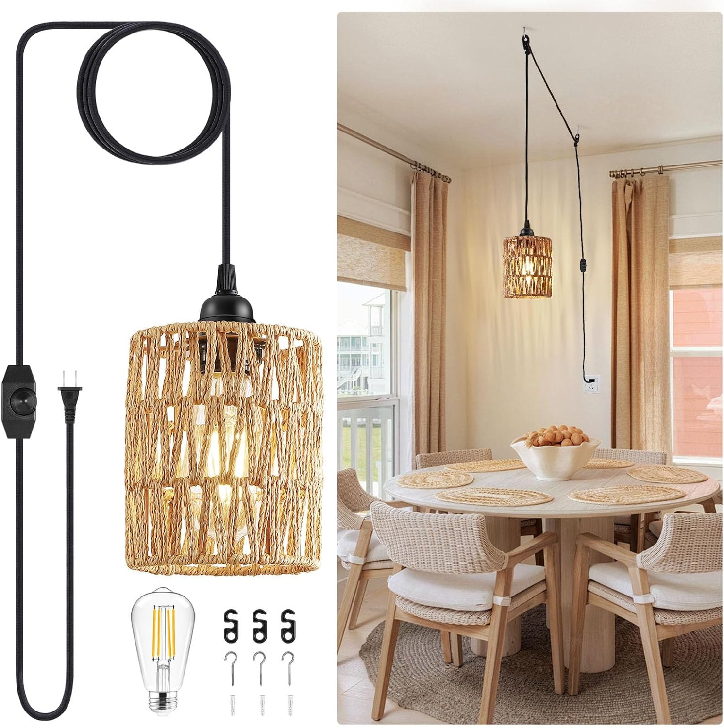 Plug in Pendant Light, Cylinder Woven Hanging Lamp with LED Bulbs Pendant Lighting with 12.1ft Cord On/Off Switch, Adjustable Wall Light Fixture Hanging Light for Kitchen Bedroom Restaurant