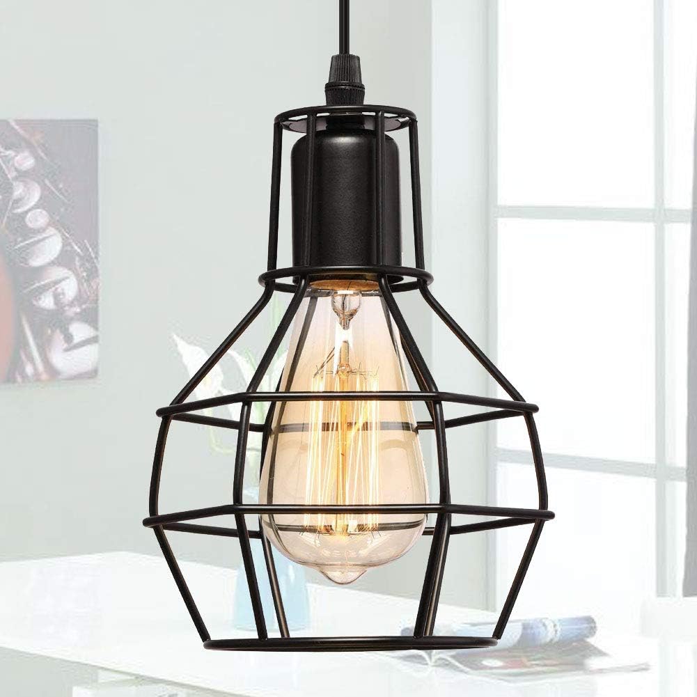 Industrial Pendant Light, Black Metal Wire Cage Hanging Light Fixture for Kitchen Island Dining Room Hallway Bar