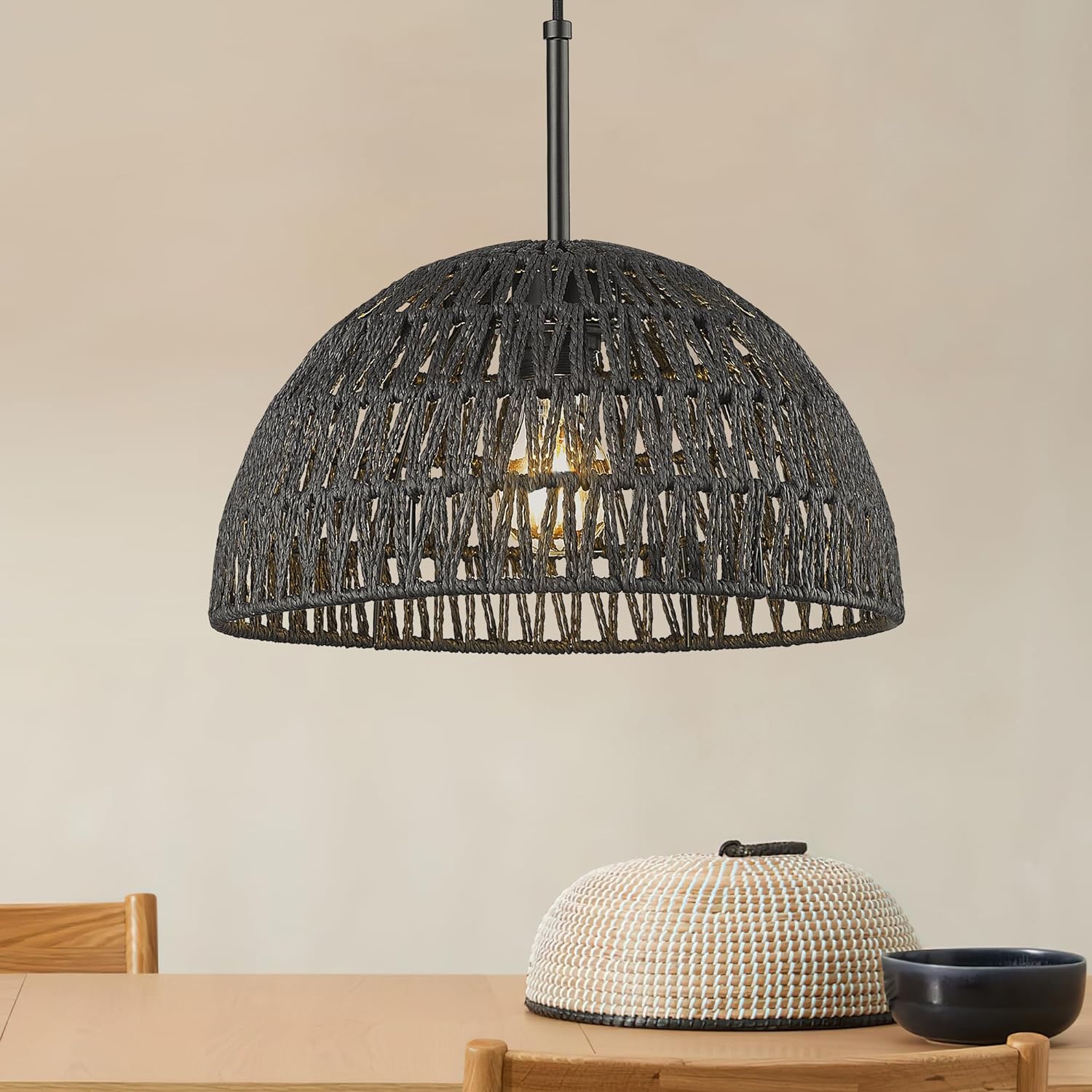 ELYONA Modern Boho Pendant Lights, Hand Woven Hanging Lamp with Dome Basket Shade, Wicker Rattan Adjustable Pendant Light Fixtures for Farmhouse Kitchen Island Dining Room Living Room Hallway, Black