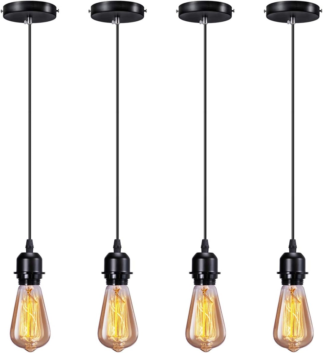 Elibbren Industrial Mini Pendant Light Kit E26 E27 Base Edison Vintage Style Black Cord Hanging Light Fixture with UL Lamp Holder for Kitchen Bedroom Home Corridor Studio Office 4 Pack