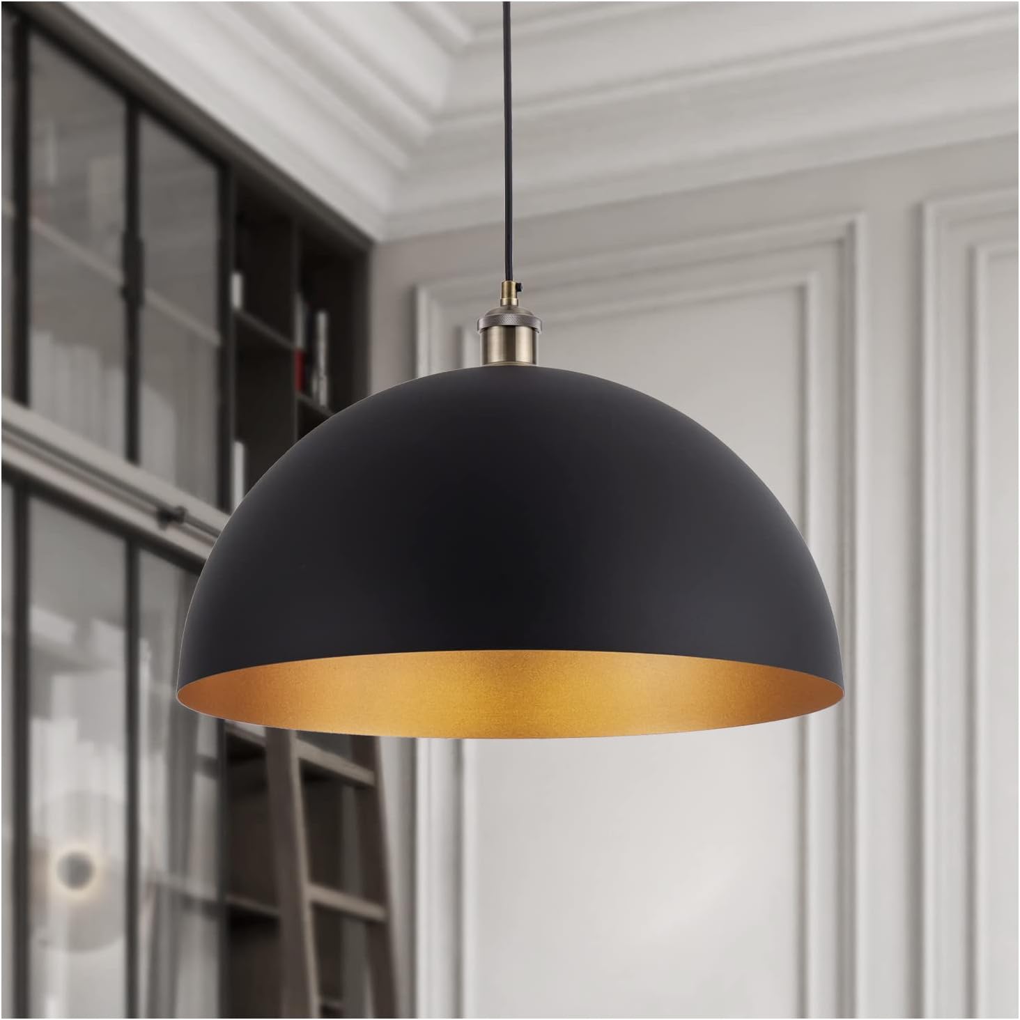 Vintage Chandelier 17.72 Industrial Dome Chandelier Black and Gold Finish Lighting Fixture line Length 78.74 Kitchen Island, Bedroom, Hallway, bar