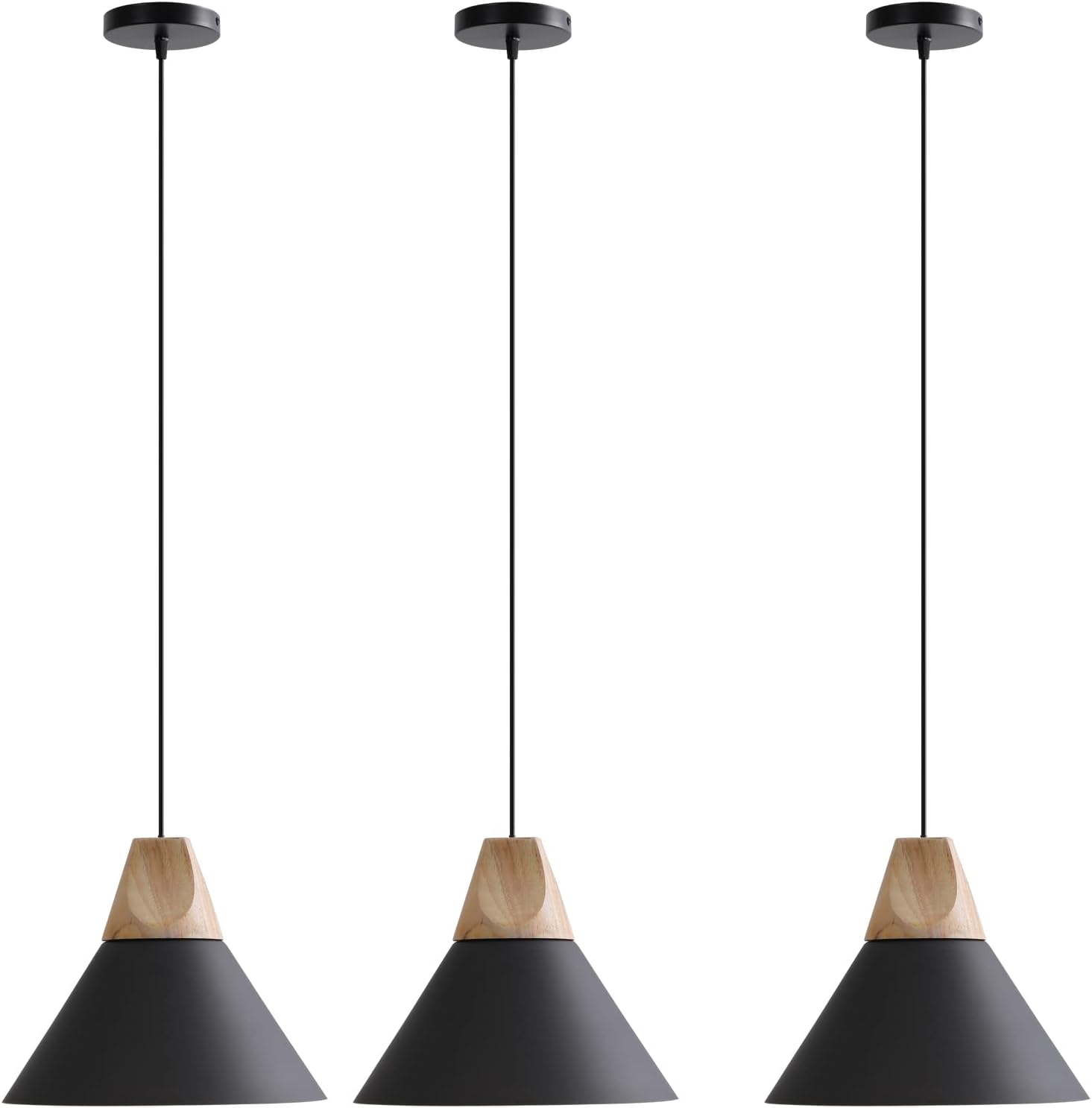 Pendant Light,Solid Wood Ceiling Hanging Lamp,Modern Matte Black Pendant Lighting for Kitchen Island Dining Room Coffee Bar (Black-3 Pack)