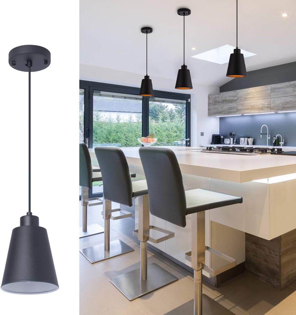 Black Pendant Light Kitchen Island Pendant Lighting with 7.08in Metal Shade Modern Hanging Light for Kitchen Small Pendant Light Fixture for Christmas Gift,Dining Room,Bar, Adjustable Cord