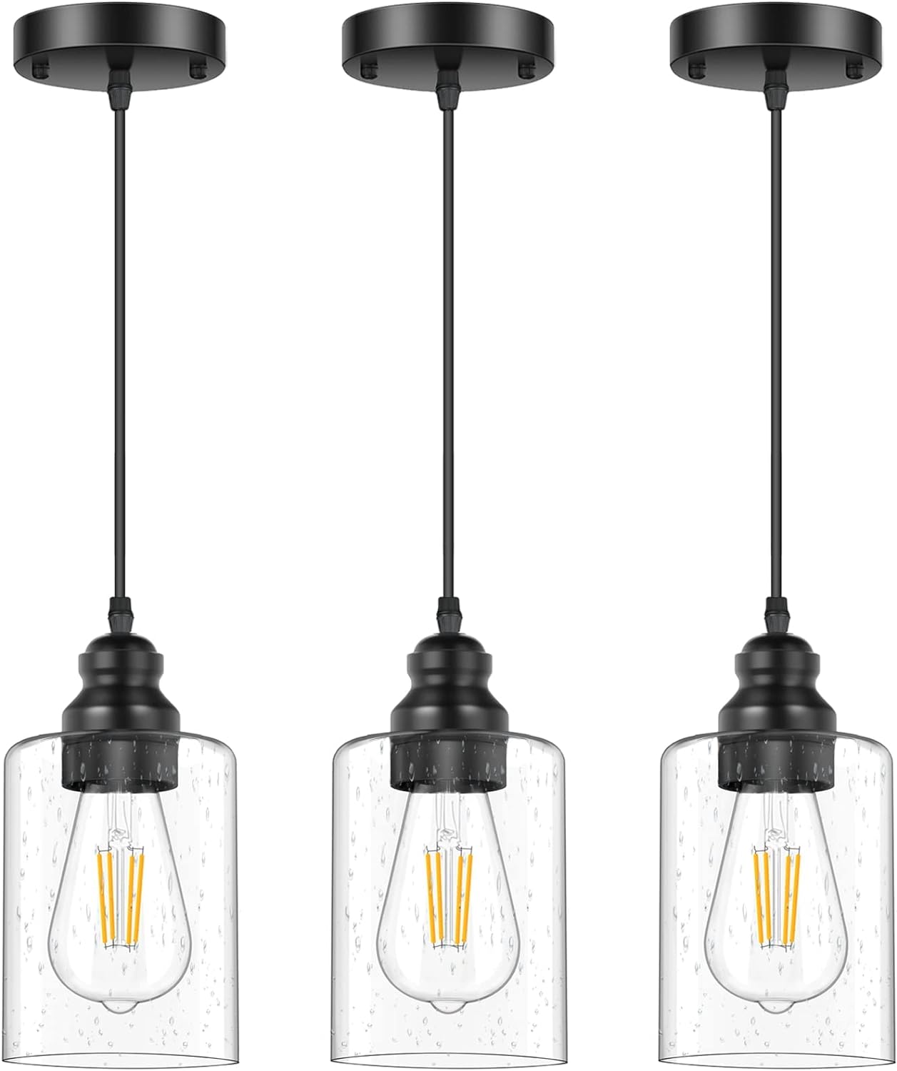 Licperron Modern Pendant Light Fixtures 3 Pack, Adjustable Hanging Ceiling Lamp with Seeded Glass Shade, Farmhouse Black Pendant Lighting for Kitchen Island, Dining Room, Bedroom, Hallway