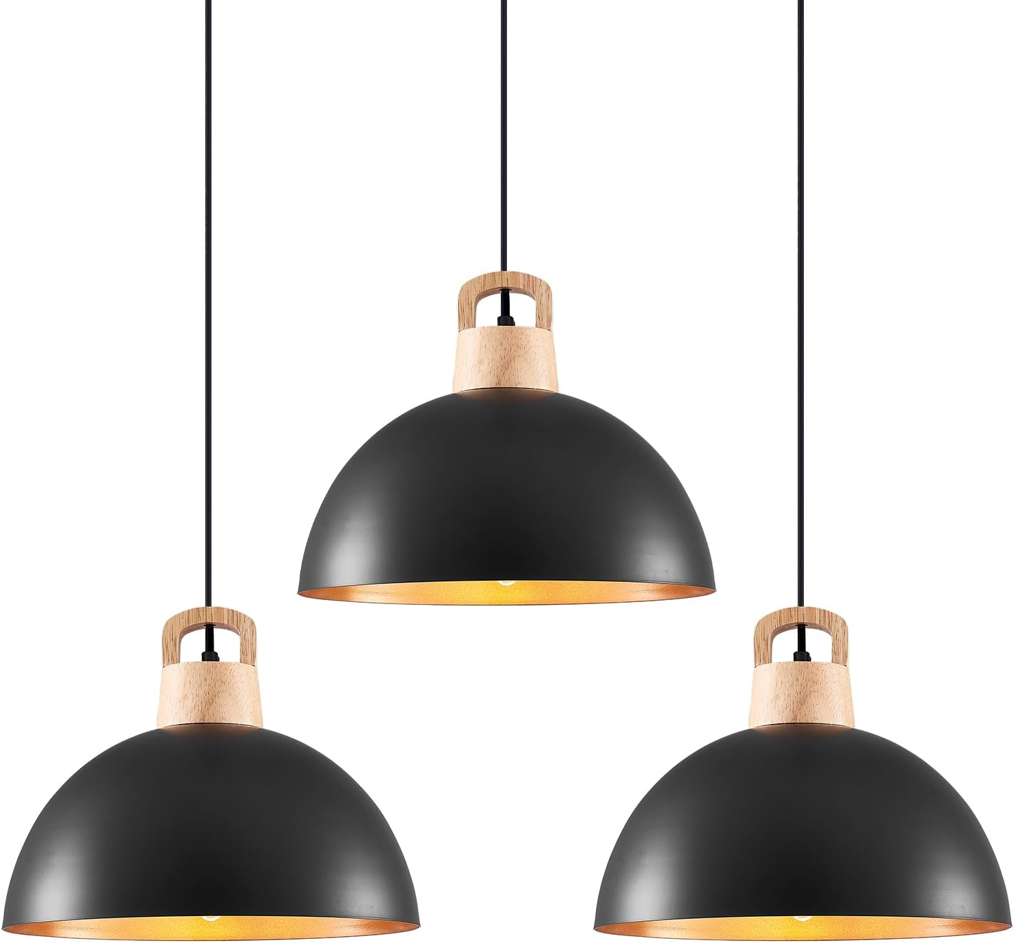 Black Industrial Pendant Light 11.8inches 3 Packs,Wood Hanging Light Fixtures for Kitchen Island,Metal Dome Pendant Light,Ceiling Light Fixtures for Restaurant Dining Room Aisle