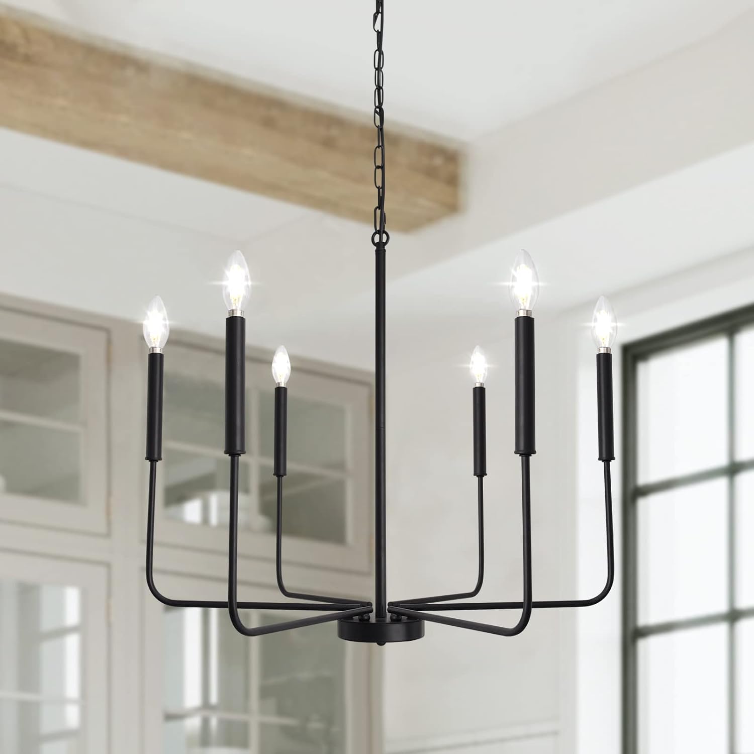 Black Chandelier 6 Light Modern Farmhouse Chandelier for Dining Room Lighting Fixtures Hanging, Rustic Industrial Candle Chandeliers Light Fixture for Foyer Kitchen Living Room