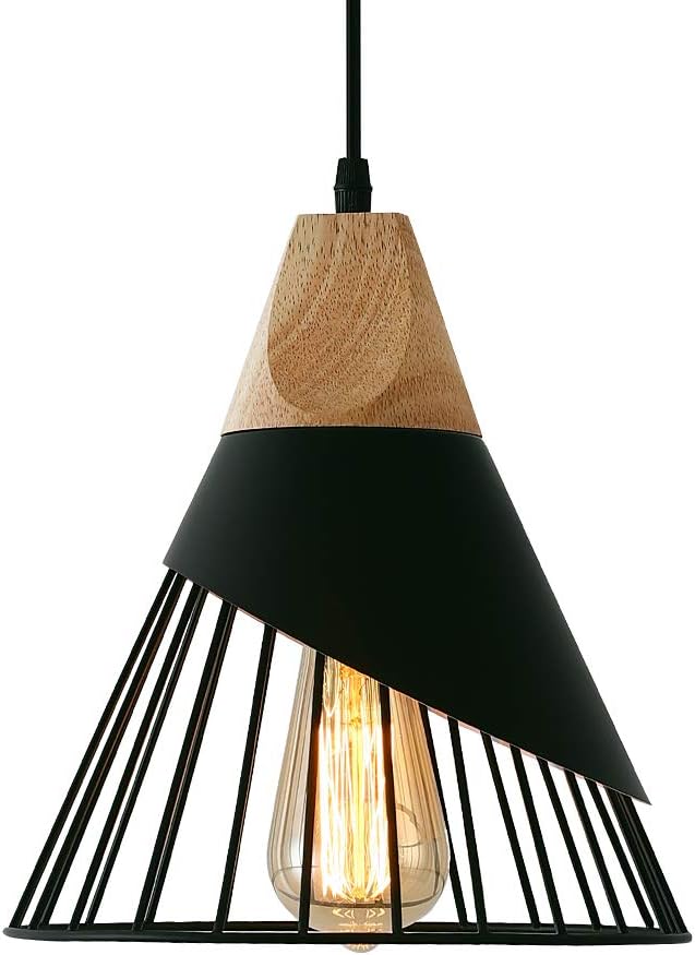 Modern Black Pendant Light Over Kitchen Island, Adjustable Wood Hanging Light Fixture,Industrial Pendant Lighting for Dining Room,Living Room,Bedroom,Hallway,Kitchen,Bar