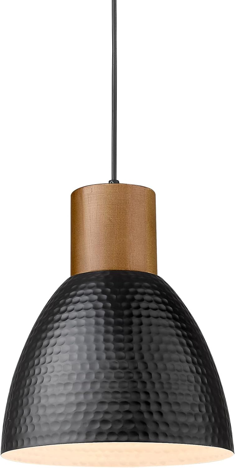 ELYONA Industrial Pendant Light, Solid Wood Hanging Lamp with Hammered Metal Shade, Farmhouse Pendant Light Fixtures for Kitchen Island, Dining Room, Bedroom, Bar, Office, Modern Black, Small