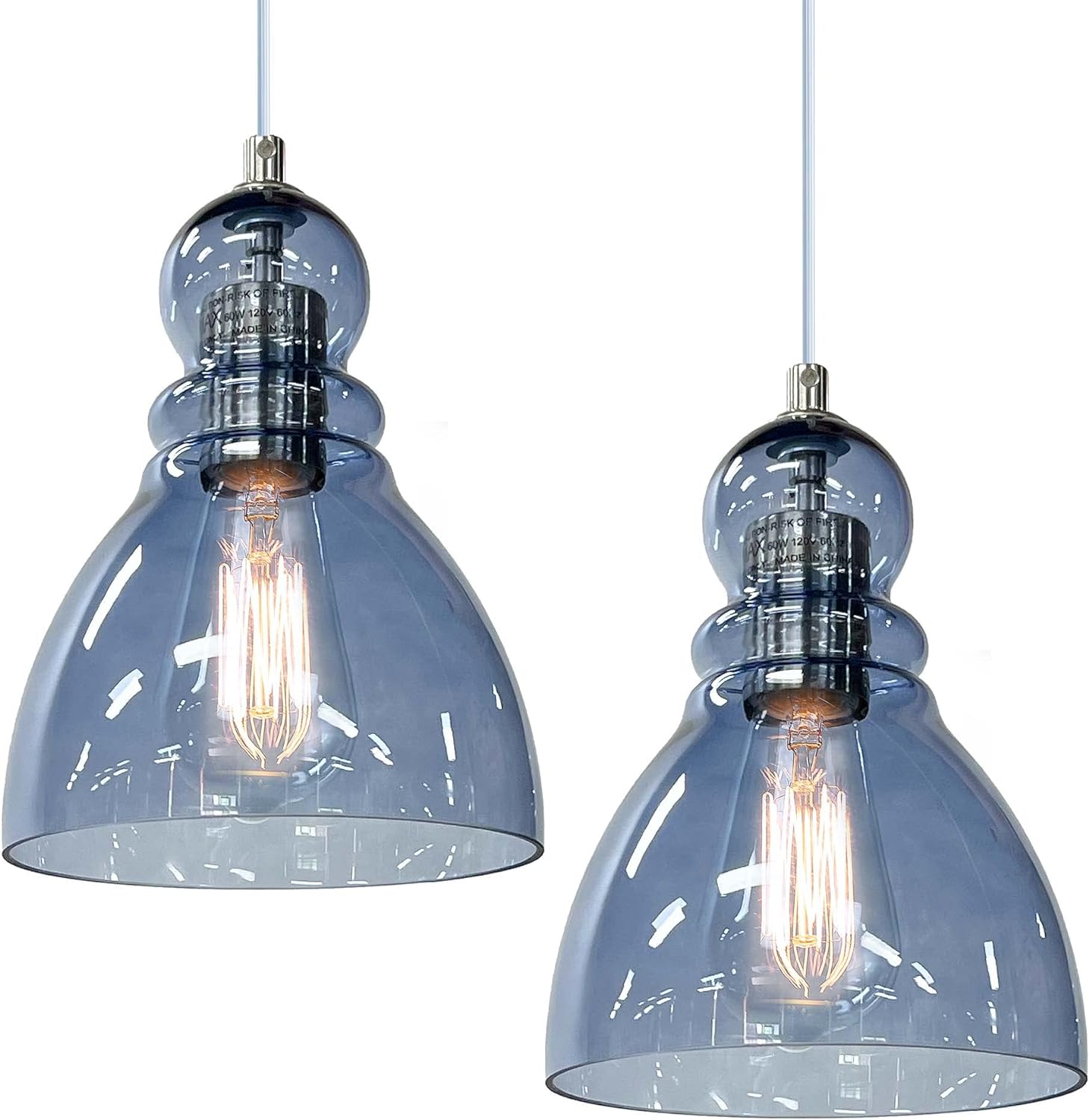 Modern Blue Pendant Light for Kitchen Island Sink, Adjustable Farmhouse Industrial Hanging Ceiling Light Fixture with 6.5'' Handblown Clear Glass Shade for Dining Room Over Table, Bar, 2 Pack