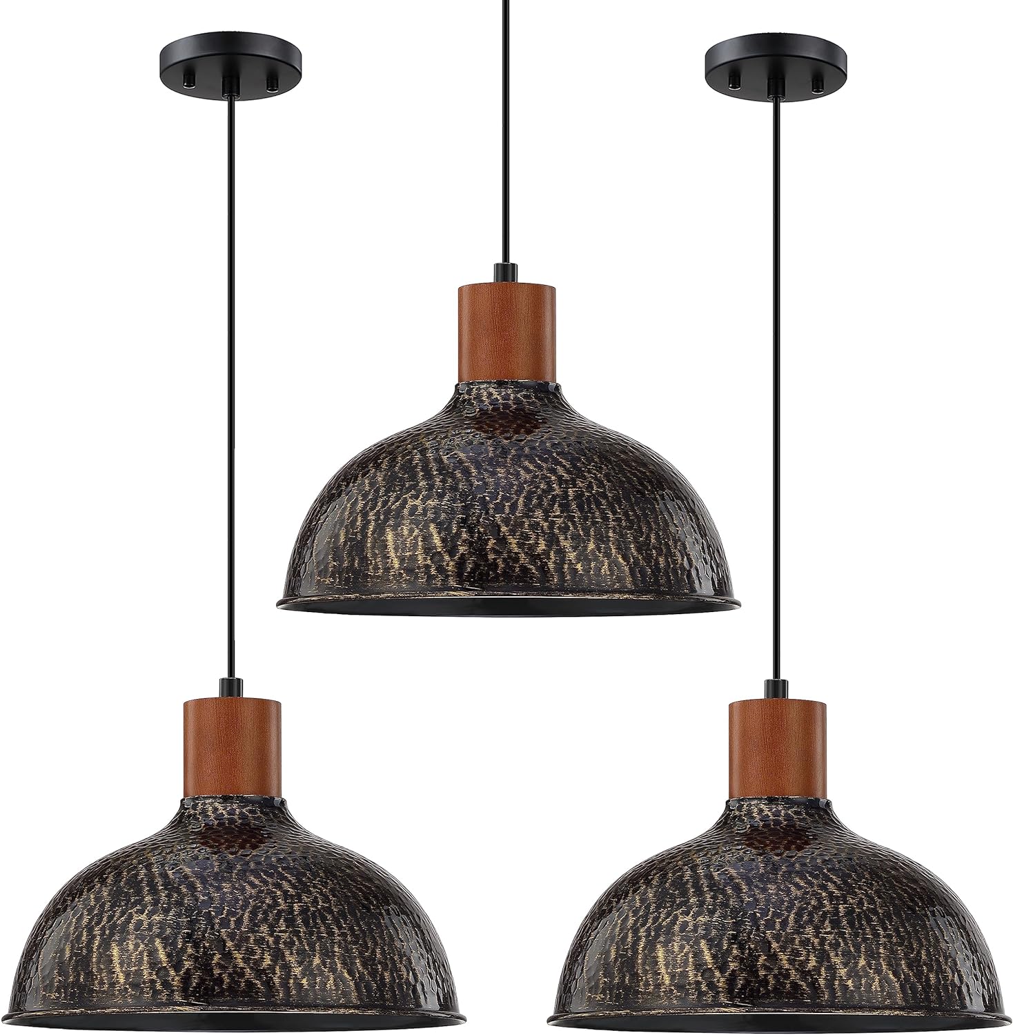 3 Pack 1 Light 11 Vintage Indoor Black Pendant Light Fixtures,Industrial Hammer Metal Hanging Light Rubber Wood Black Finish Pendant Lamp Kitchen Island,Dining Room Over Sink