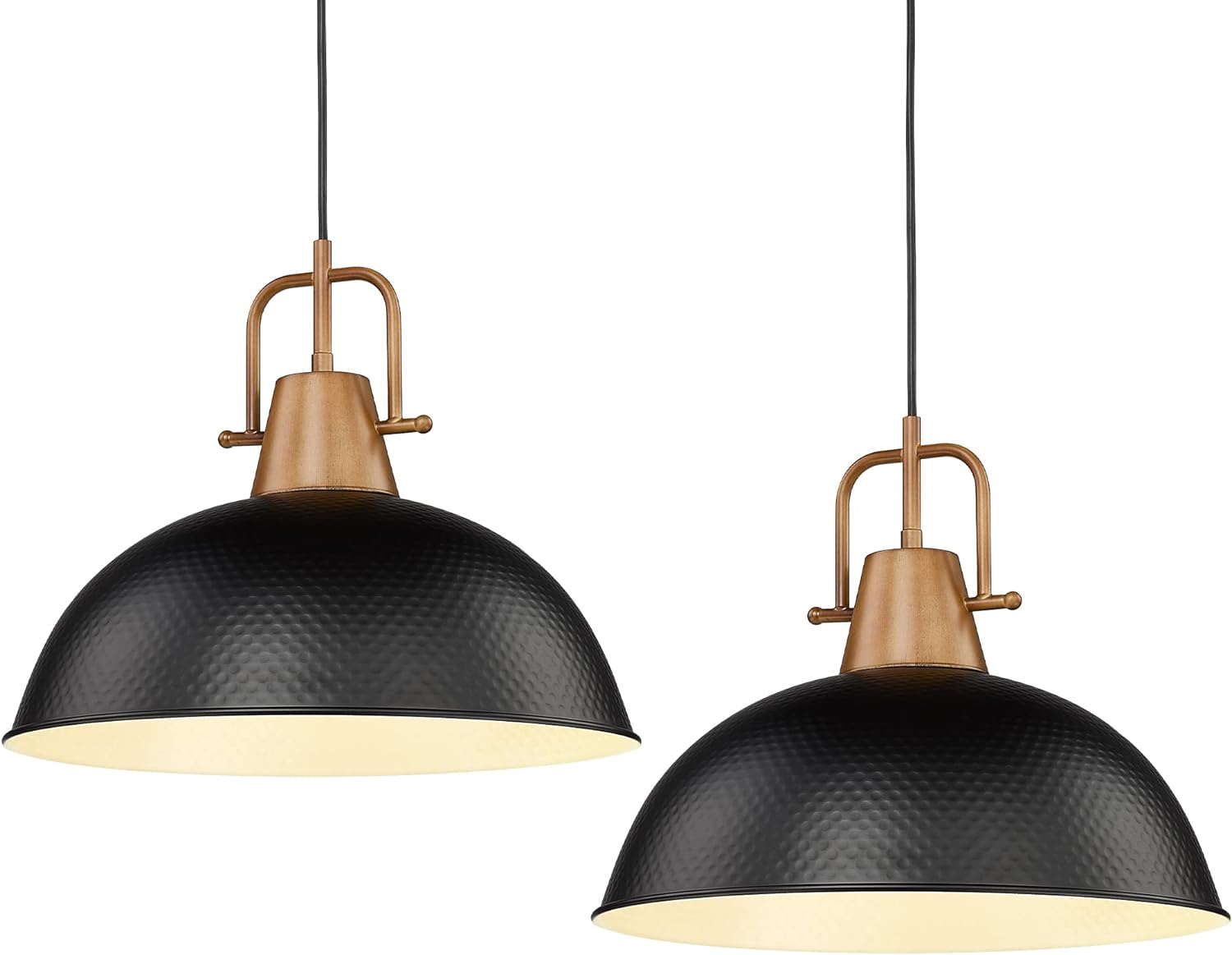 Emliviar 2 Pack Large Hammered Pendant Lights, 16 Farmhouse Industrial Metal Dome Pendant Light for Kitchen Island Dining Room, Hammered Metal Shade in Black Finish, GE269MIL-2L BK+WD