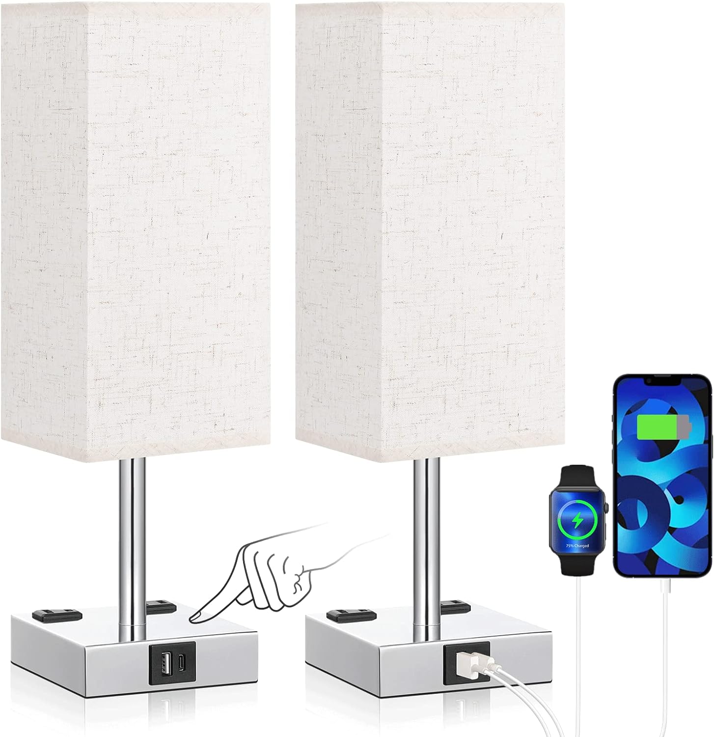 Off White Set of 2 Touch Lamp with USB Port-Nightstand Lamp with USB-C+A Charge Ports& AC Outlets, 3-Way Dimmable Bedside Lamp with Shade,Small Table Lamp for Bedroom Guest Room( Bulb Included)