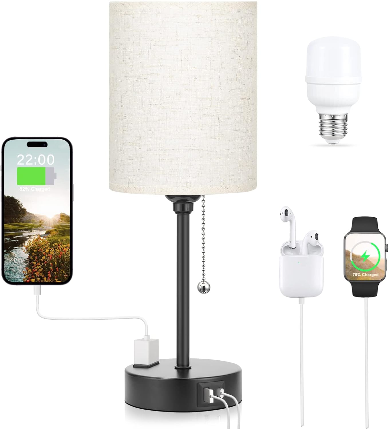 Small Bedside Lamps 3 Color Modes - Off White 2700K 3500K 5000K Bedroom Lamps with USB C and A Ports, Pull Chain Table Lamps with AC Outlet, Nightstand Lamps with Black Metal Base for Kids Reading