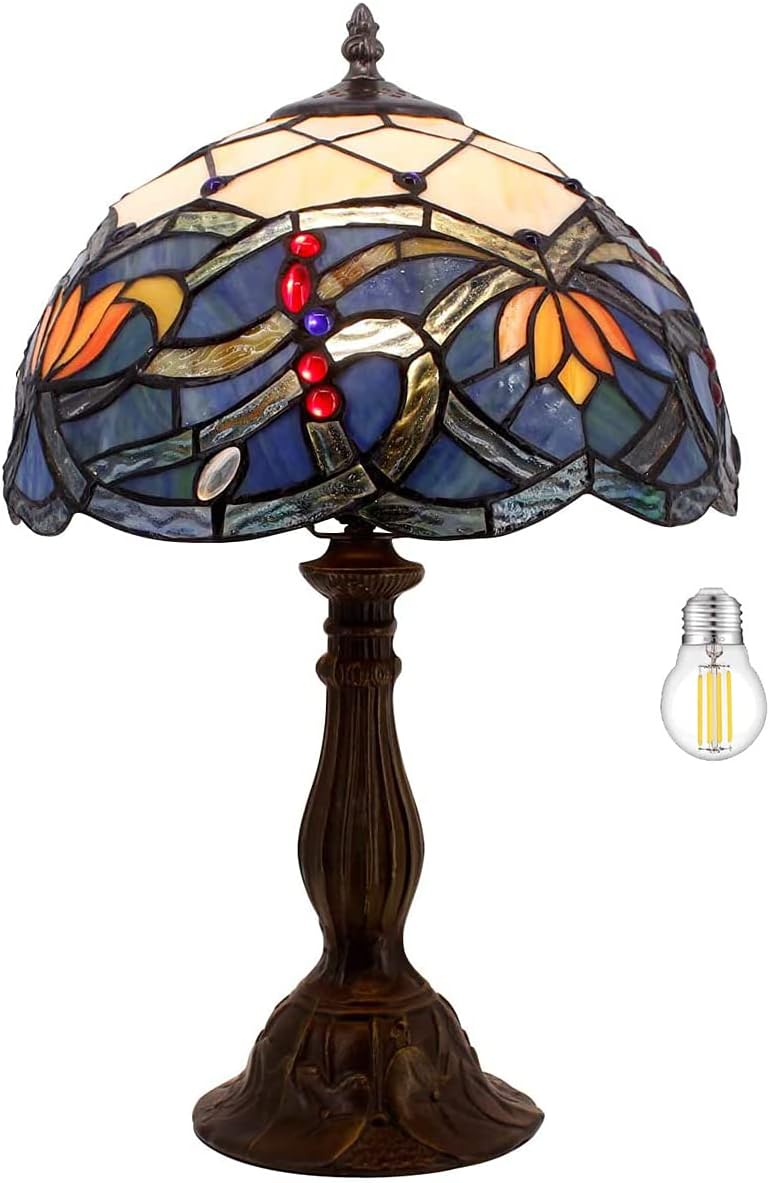 WERFACTORY Tiffany Table Lamp Stained Glass Bedside Lamp Blue Lotus Desk Reading Light 12X12X18 Inches Decor Bedroom Living Room Home Office S220 Series