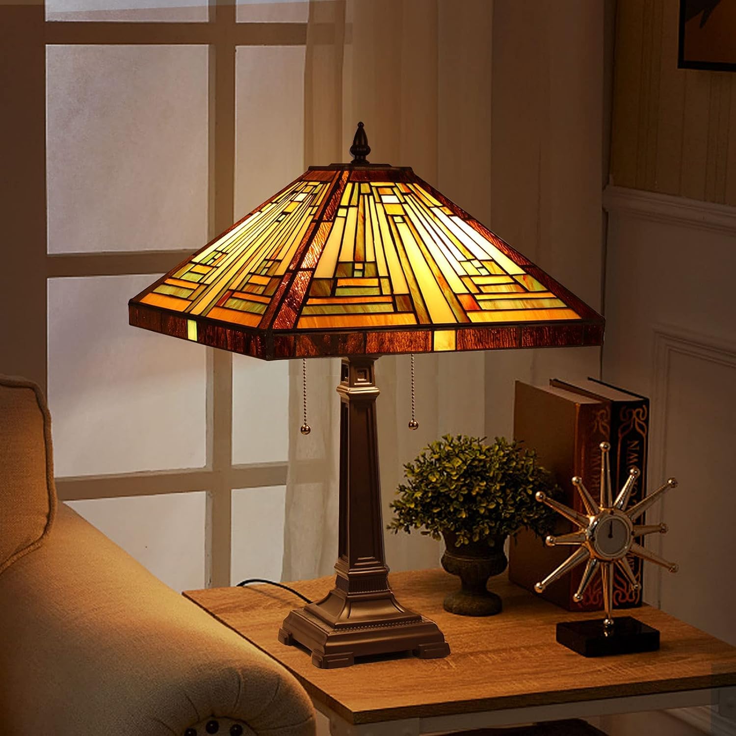 Capulina Tiffany Style Table Lamp Mission Style Tiffany Lamp 2-Light 16X16X24 Inches Amber Brown Stained Glass Desk Lamp Decor for Bedrooms Living Room Study Home Office