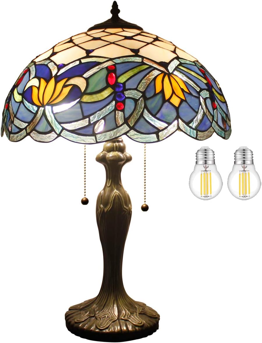 WERFACTORY Tiffany Table Lamp Stained Glass Style Bedside Lamp Blue Lotus 16X16X24 Inches Desk Reading Light Metal Base Decor Bedroom Living Room Home Office S220 Series