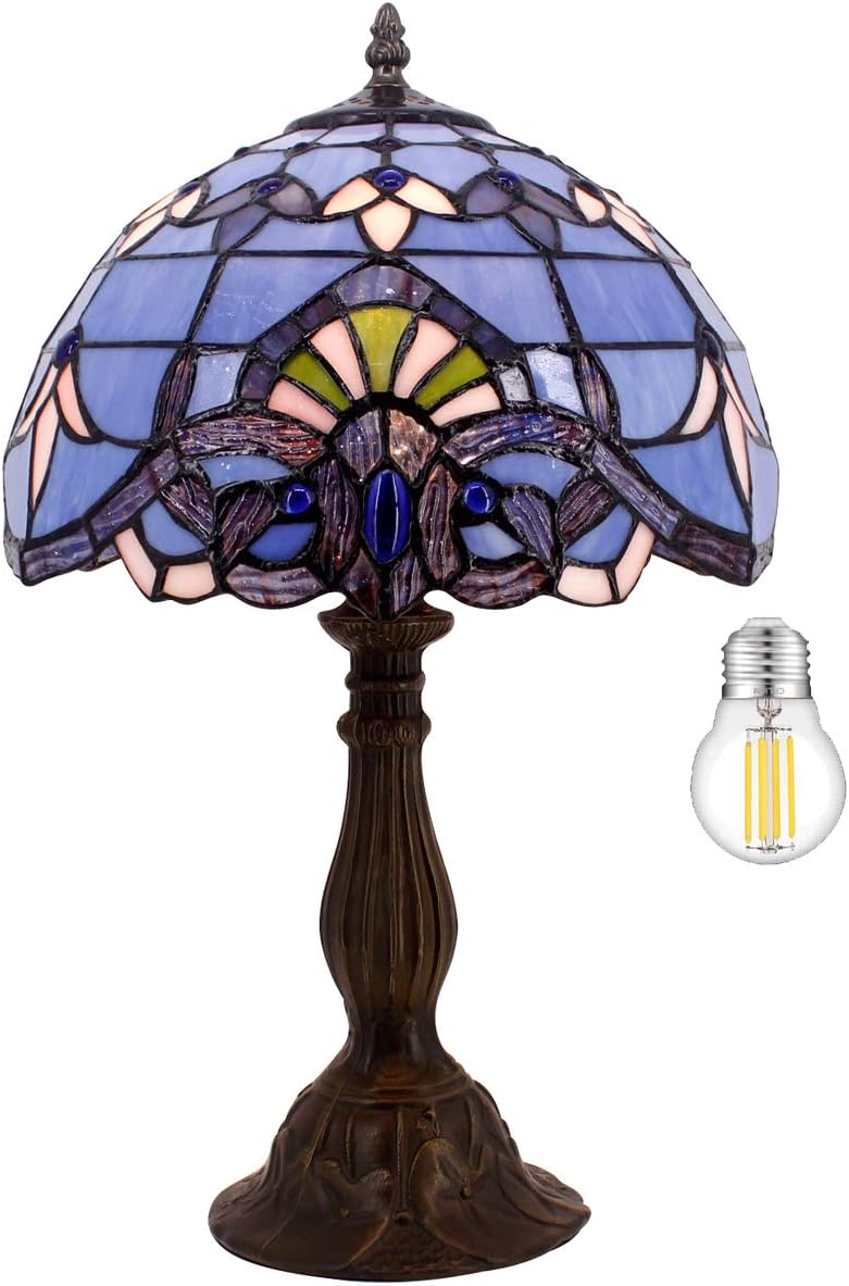 WERFACTORY Tiffany Lamp Stained Glass Table Lamp 12X12X18 Inches Blue Purple Baroque Style Lavender Bedside Reading Desk Light Decor Bedroom Living Room Home Office S003C Series