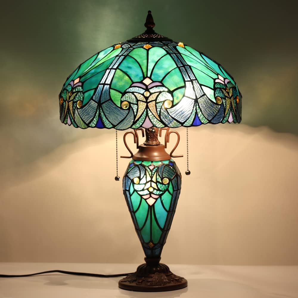 Tiffany Table Lamp with Night Light 16 inch Large Stained Glass Table Light Victorian Style Sea Green Antique 3 Light Desk Lamp for Living Room Bedroom Office