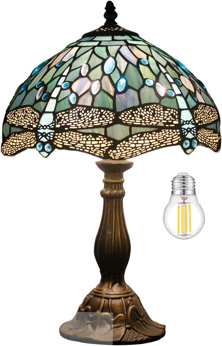 WERFACTORY Tiffany Lamp Sea Blue Stained Glass Table Lamp 12X12X18 Inches Dragonfly Style Desk Reading Light S147 Series