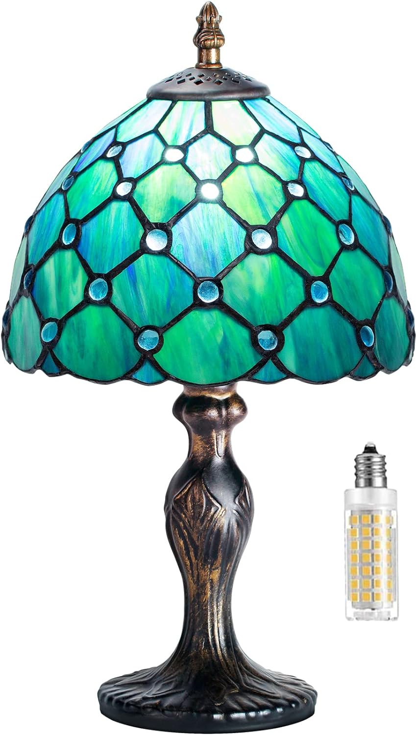 Tiffany Table Lamp Stained Glass Crystal Bead Style Table Light, Handmade Desk Bedside Table Night Lamp, Antique Art Craft Gifts Lover Kid Living Room Bedroom Study Bookcase Desk Ligh(Green Pearl)