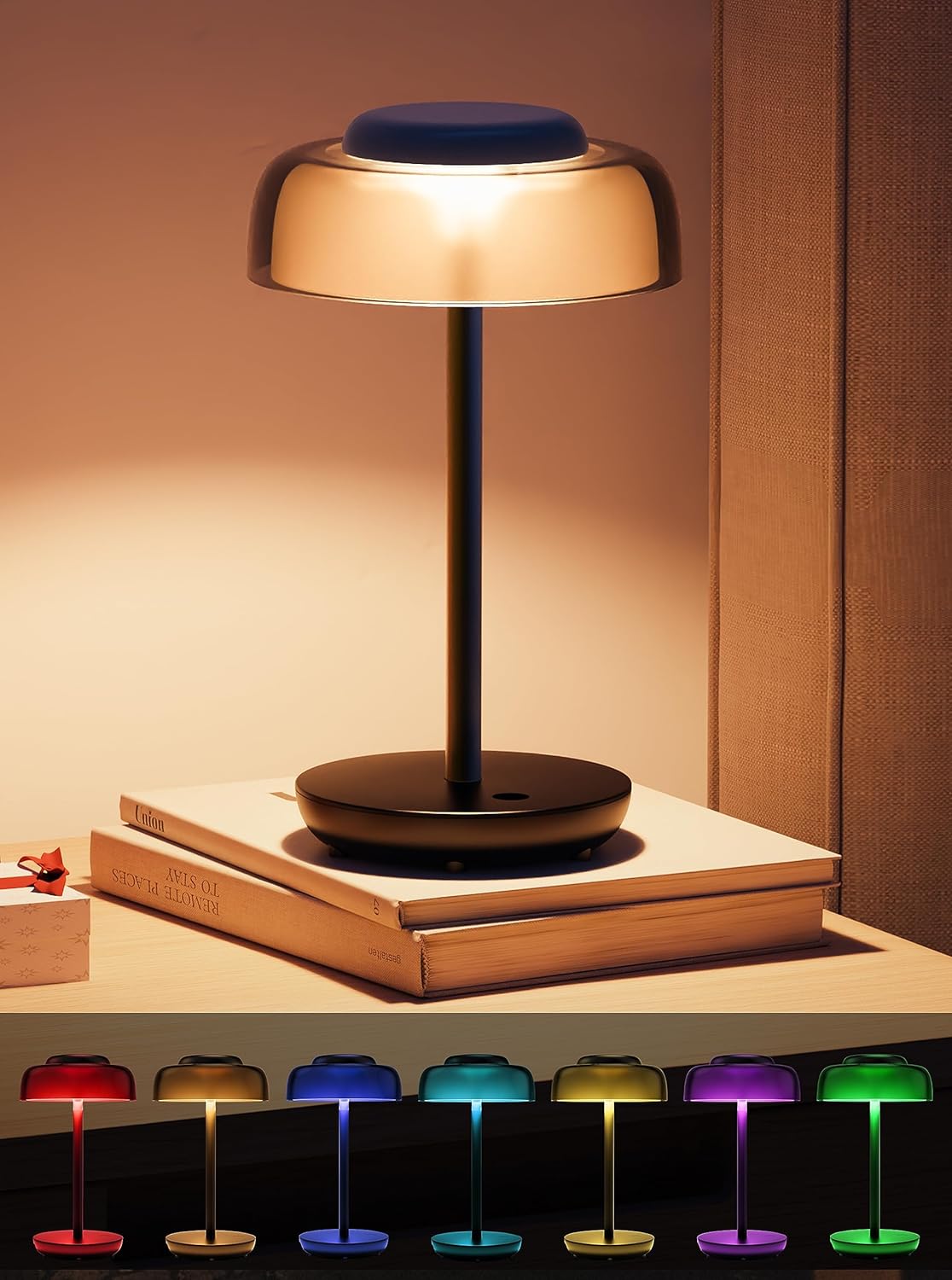 Battery Operated Table Lamp Touch Control Cordless Table Lamp with 3 Level Dimmable Warm White Lights and RGB Colors, Rechargeable LED Mushroom Lamp for Bedroom, Living Room, Home Office