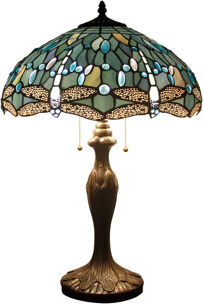 WERFACTORY Tiffany Lamp Sea Blue Stained Glass Bedside Table Lamp Dragonfly Style Desk Reading Light Metal Base 16X16X24 Inches Decor Bedroom Living Room Home Office S147 Series