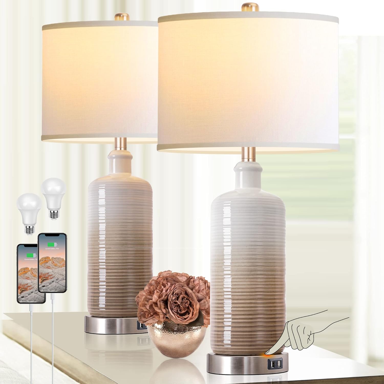 Ceramic Table Lamps Set of 2 with Dual USB Charging Ports, 3-way Dimmable Touch Control Bedside Lamps for Bedroom Living Room, Contemporary Nightstand Lamps with White Linen Drum Shade Bulbs Included