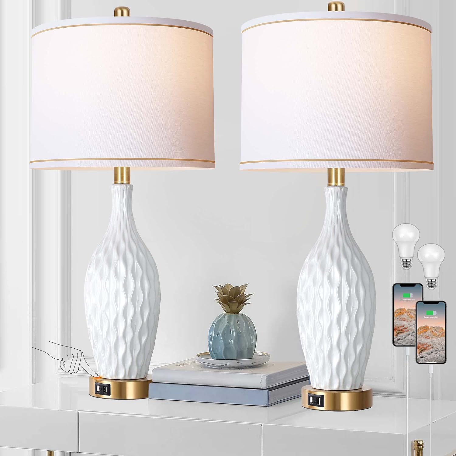 White Table Lamp Set of 2, 3-Way Dimmable Touch Control Gold Bedside Lamps with USB Ports, 27inch Modern Ceramic Nightstand Lamp for Bedroom Living Room, Linen Shade (LED Bulb Included)