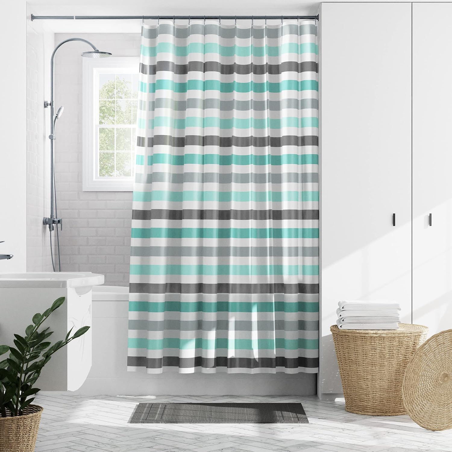 Zenna Home Cabana Stripe Waterproof PEVA Shower Curtain, 70 x 72 in., Blue and Grey